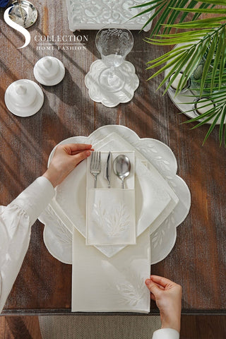 Chantal Off White Design Placemat Set - Waterproof Fabric - 6 Persons - 24 Pcs. Full Set