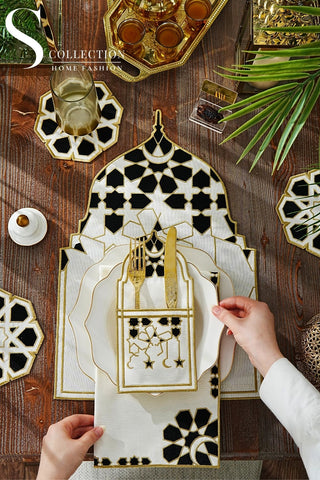 Ramadan Dome Design Black and Gold Placemat Set - Waterproof Fabric - 6 Persons - 24 Pcs. Full Set