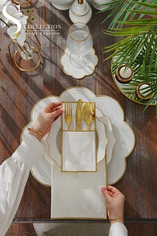 Floria Gold Design Placemat Set - Waterproof Fabric - 6 Persons - 24 Pcs. Full Set