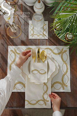 Olive Branch Gold Design Placemat Set - Waterproof Fabric - 6 Persons - 24 Pcs. Full Set