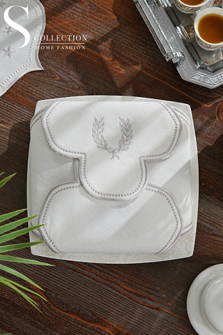 Laurel Wreath Design Bread Basket Napkin - Waterproof Fabric - Silver Embroidered