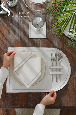 Dora Silver Pocket Design Placemat Set - Waterproof Fabric - 6 Persons - 18 Pcs. Full Set