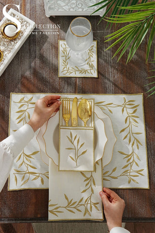 Gold Flower Design Placemat Set - Waterproof Fabric - 6 Persons - 24 Pcs. Full Set