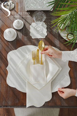 Alice Off White Design Placemat Set - Waterproof Fabric - 6 Persons - 24 Pcs. Full Set