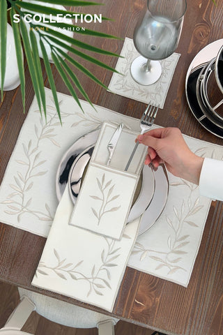 Silver Flower Design Placemat Set - Waterproof Fabric - 6 Persons - 24 Pcs. Full Set