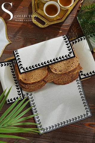 Leafy Allure Design Bread Basket Napkin - Waterproof Fabric - Black Embroidered