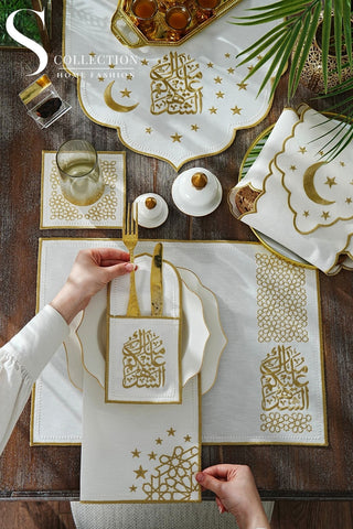 Ramadan Design Gold Chic Full Placemat Set - With Bread Basket Napkin and Runner - 6 Persons - 26 Pcs.