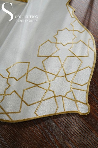 رانر طاولة مطرز - تصميم قبة رمضان - تطريز اوف وايت وذهبى -  قماش مقاوم للماء