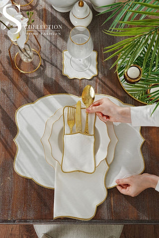 Alice Gold and Off White Design Placemat Set - Waterproof Fabric - 6 Persons - 24 Pcs. Full Set