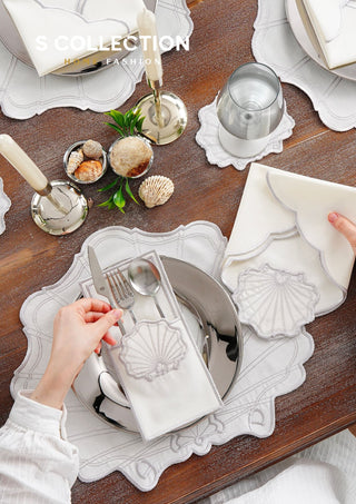 طقم مفارش سفرة - تصميم مارين - تطريز فضى - قماش مقاوم للماء - ٦ اشخاص - ٢٤ قطعة - طقم كامل  