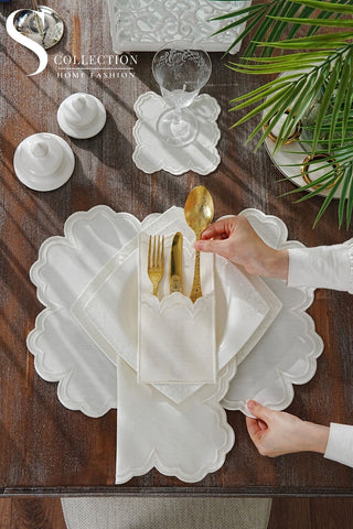Cloud Design Off White Placemat Set - Waterproof Fabric - 6 Persons - 24 Pcs. Full Set