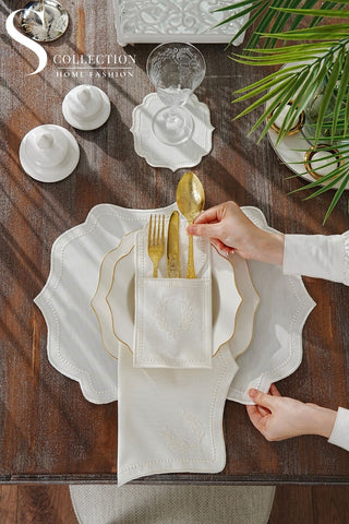 Laurel Wreath Off White Design Placemat Set - 6 Persons - 24 Pcs. Full Set
