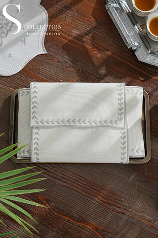 Leafy Allure Design Bread Basket Napkin - Waterproof Fabric - Silver Embroidered