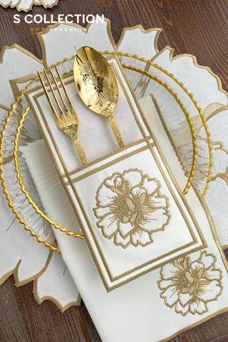 Eloise Gold Design Placemat Set - Waterproof Fabric - 6 Persons - 24 Pcs. Full Set