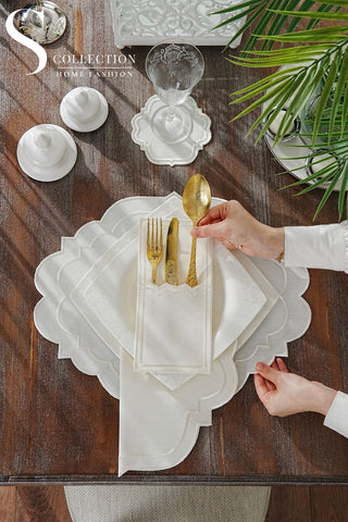 Clara Off White Design Placemat Set - Waterproof Fabric - 6 Persons - 24 Pcs. Full Set