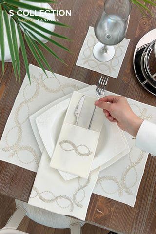 Olive Branch Shine Silver Design Placemat Set - Waterproof Fabric - 6 Persons - 24 Pcs. Full Set