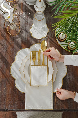 Floria Gold Design Placemat Set - Waterproof Fabric - 6 Persons - 24 Pcs. Full Set