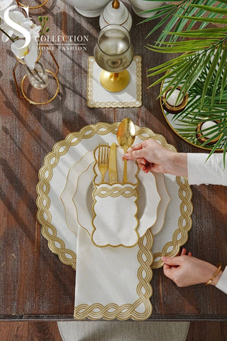 Ocean Braid Gold Design Placemat Set - Waterproof Fabric - 6 Persons - 24 Pcs. Full Set