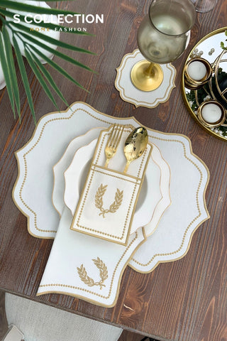 Laurel Wreath Gold Design Placemat Set - Waterproof Fabric - 6 Persons - 24 Pcs. Full Set