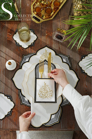 طقم مفارش سفرة - تصميم نجمه رمضان - تطريز ذهبى واسود -  قماش مقاوم للماء -  ٦ أشخاص - ٢٤ قطعة - طقم كامل