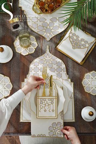 Ramadan Dome Design Silver and Gold Full Placemat Set - With Bread Basket Napkin and Runner - 6 Persons - 26 Pcs.