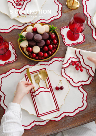 Gabriel Burgundy Design Placemat Set - Waterproof Fabric - 6 Persons - 24 Pcs. Full Set