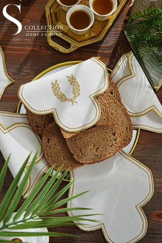 Laurel Wreath Design Bread Basket Napkin - Waterproof Fabric - Gold Embroidered