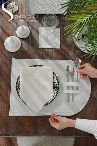 Dora Off White Pocket Design Placemat Set - Waterproof Fabric - 6 Persons - 18 Pcs. Full Set