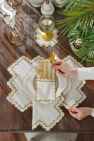 Rosaline Gold Design Placemat Set - Waterproof Fabric - 6 Persons - 24 Pcs. Full Set