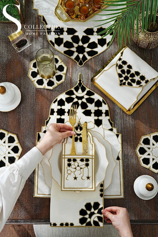 Ramadan Dome Design Black and Gold Full Placemat Set - With Bread Basket Napkin and Runner - 6 Persons - 26 Pcs.