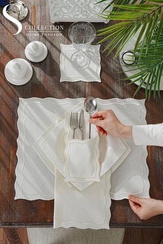 Leo Off White Design Placemat Set - Waterproof Fabric - 6 Persons - 24 Pcs. Full Set