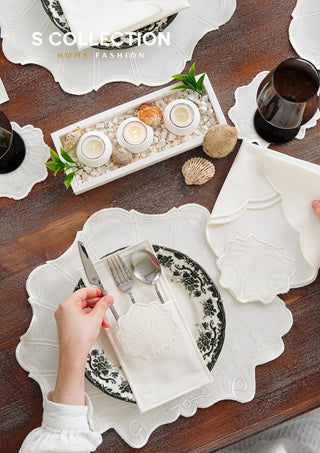 Marine Off White Design Placemat Set - Waterproof Fabric - 6 Persons - 24 Pcs. Full Set