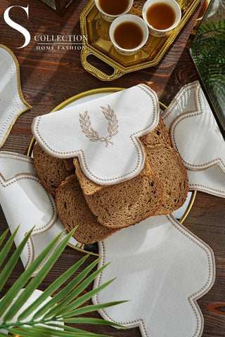 Laurel Wreath Design Bread Basket Napkin - Waterproof Fabric - Cappucino Embroidered