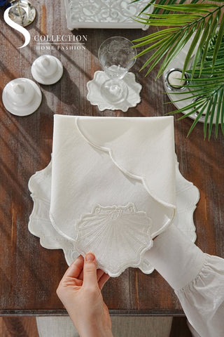 Marine Off White Design Placemat Set - Waterproof Fabric - 6 Persons - 24 Pcs. Full Set