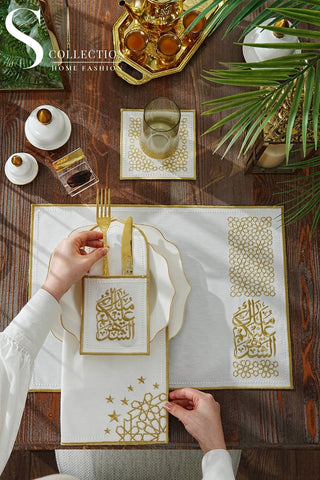 طقم مفارش سفرة - تصميم شيك رمضان - تطريز ذهبى - قماش مقاوم للماء -  ٦ أشخاص -  ٢٤ قطعة - طقم كامل