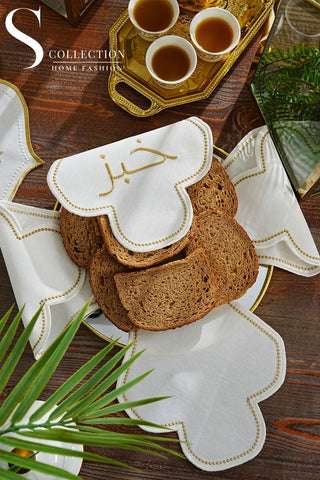 منديل سلة خبز - تصميم كلاود "خبز" - قماش مقاوم للماء - تطريز ذهبى و اوف وايت