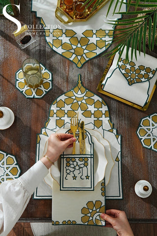 Ramadan Dome Design Green and Gold Full Placemat Set - With Bread Basket Napkin and Runner - 6 Persons - 26 Pcs.