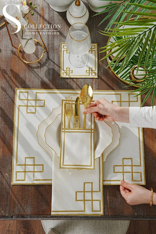 Classy Gold Design Placemat Set - Waterproof Fabric - 6 Persons - 24 Pcs. Full Set