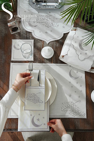 Ramadan Design Silver Stellar Serenity Full Placemat Set - With Bread Basket Napkin and Runner - 6 Persons - 26 Pcs.