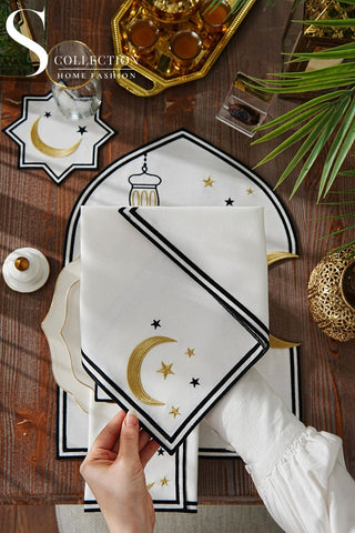 Ramadan Qamar Design Black and Gold Placemat Set - Waterproof Fabric - 6 Persons - 24 Pcs. Full Set