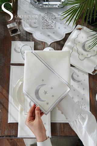 Ramadan Silver Glamorous Design Full Placemat Set - With Bread Basket Napkin and Runner - 6 Persons - 26 Pcs.