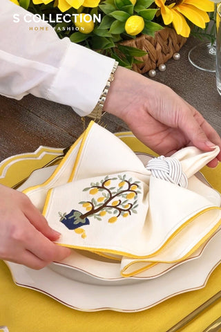 Camila Design Embroidered Placemat Set - Yellow Colour Waterproof Fabric - 6 Persons - 18 Pcs.