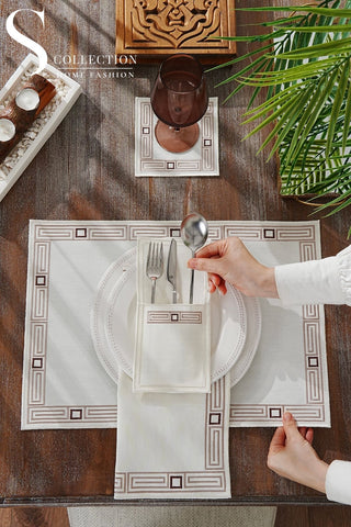 Tuscan Cappucino and Brown Design Placemat Set - Waterproof Fabric - 6 Persons - 24 Pcs. Full Set