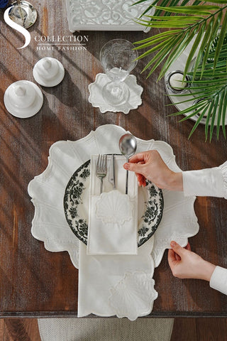 Marine Off White Design Placemat Set - Waterproof Fabric - 6 Persons - 24 Pcs. Full Set