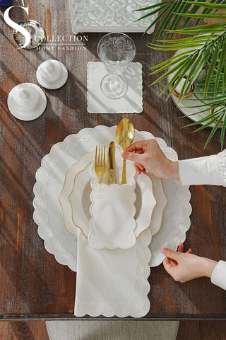 Ocean Braid Off White Design Placemat Set - Waterproof Fabric - 6 Persons - 24 Pcs. Full Set