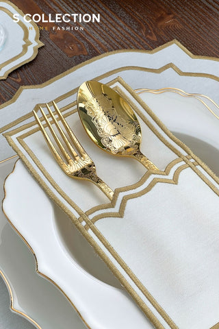 Amelia Gold Design Placemat Set - Waterproof Fabric - 6 Persons - 24 Pcs. Full Set