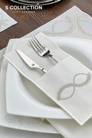 Olive Branch Shine Silver Design Placemat Set - Waterproof Fabric - 6 Persons - 24 Pcs. Full Set