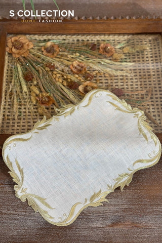 Tulip Design Tray Cover - % 100 Linen Fabric - Shine Gold Embroidered