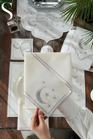 Ramadan Design Silver Stellar Serenity Full Placemat Set - With Bread Basket Napkin and Runner - 6 Persons - 26 Pcs.