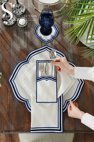 طقم مفارش سفرة - تصميم مونرايز - تطريز ازرق - قماش مقاوم للماء - ٦ اشخاص - ٢٤ قطعة - طقم كامل  